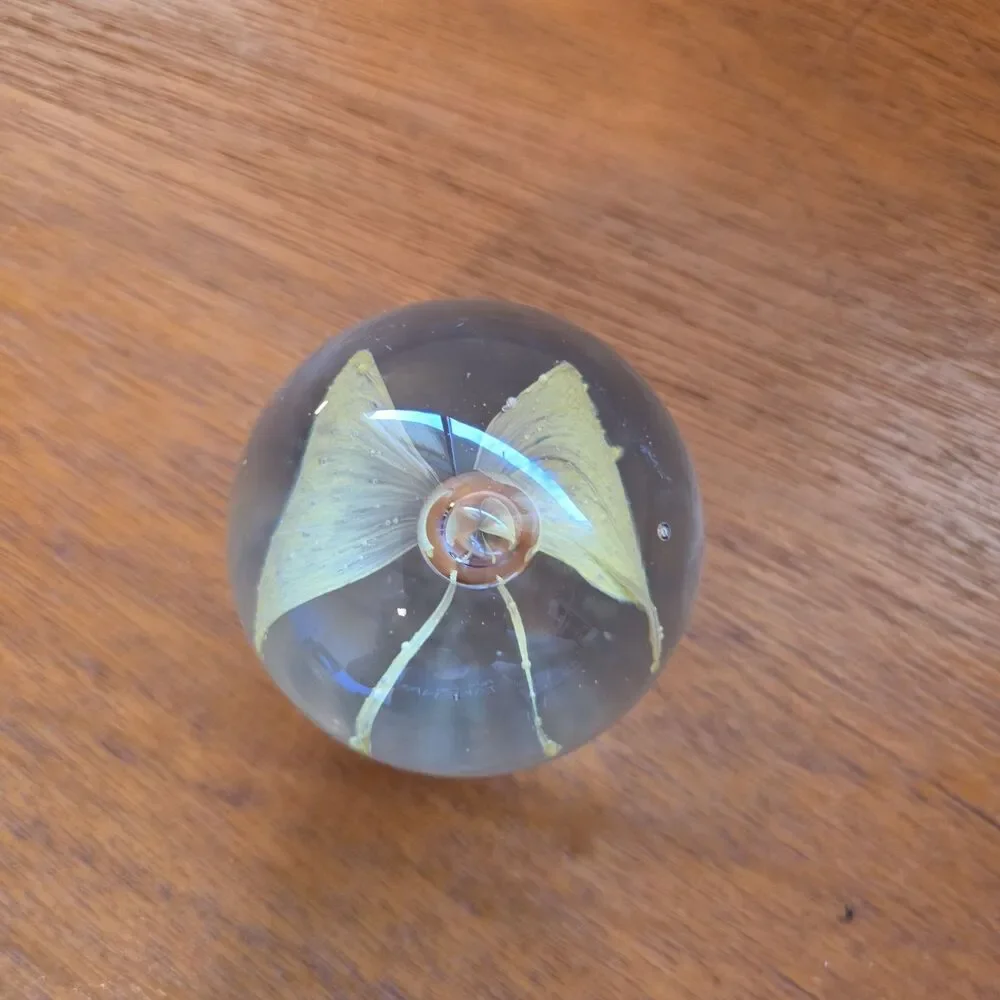 VTG Art Glass Paperweight Yellow Butterfly Design, Light Not Included